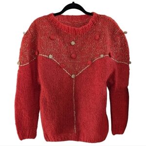 Handknit Rust & Gold Crew Neck 3/4 sleeve Sweater Size Small